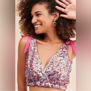Free People Intimately Big Night Sequin Top in PINK! Size Small